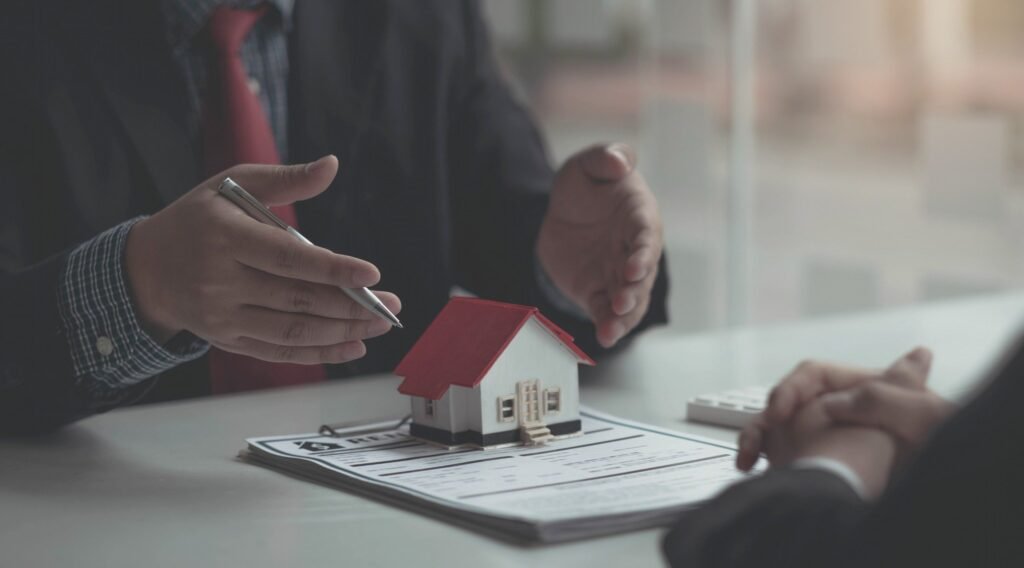 A real estate agent is telling the terms of use and presenting a contract to a client across a table, indicating where to sign for a property transaction. A model house with a red roof is prominently displayed on the document, symbolizing the real estate involved. The atmosphere suggests a professional consultation in a bright office setting.